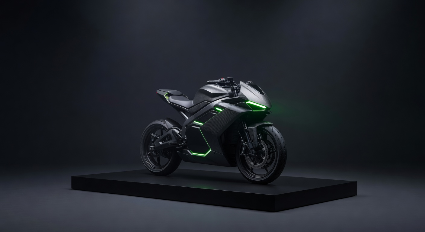 EcoPulse City Bike modern electric motorcycle studio photo dark background neon green