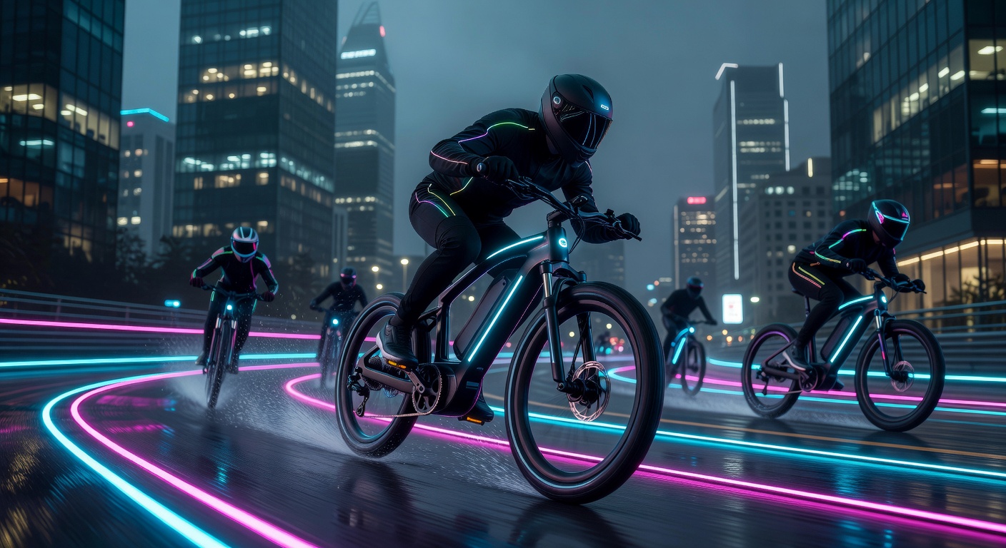 electric bike racing on neon road at night