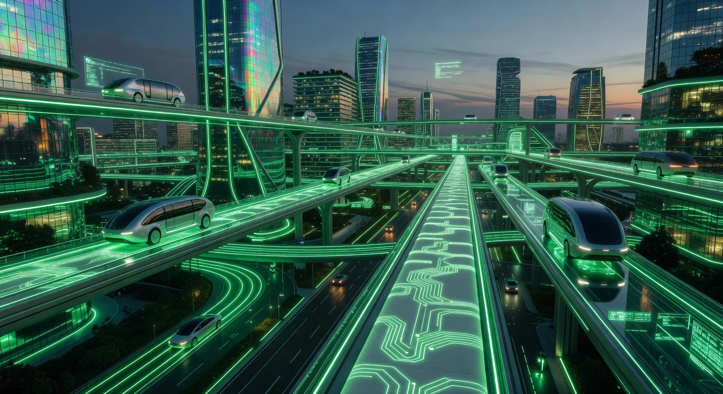 futuristic smart city electric vehicles neon green