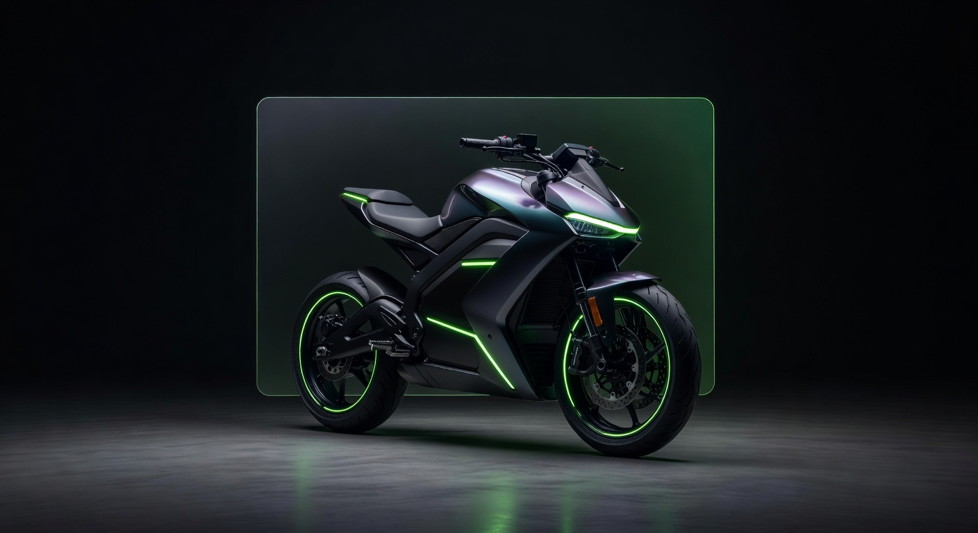 NeoFlash Urban modern electric motorcycle studio photo dark background neon green