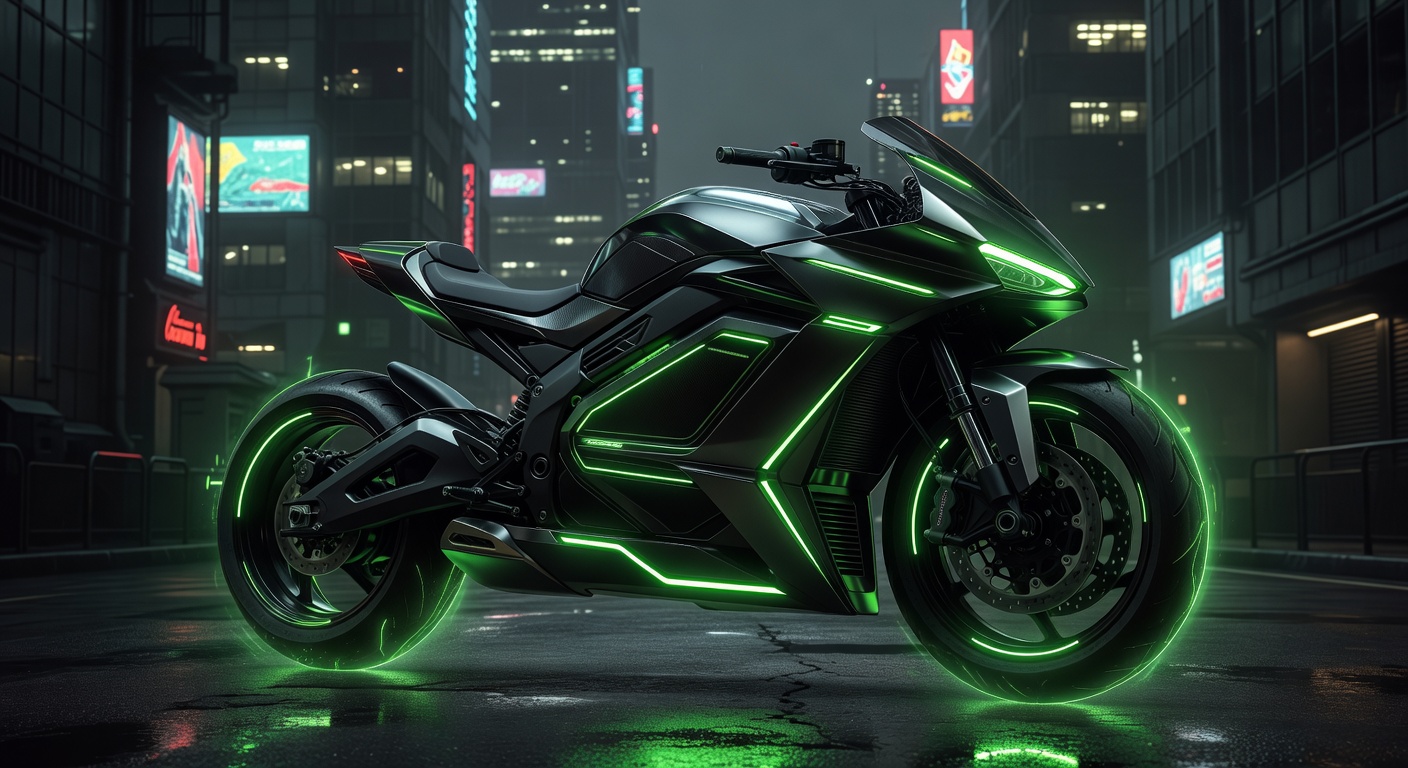Nexigo Thunder 2027 futuristic electric motorcycle concept neon green cyberpunk style