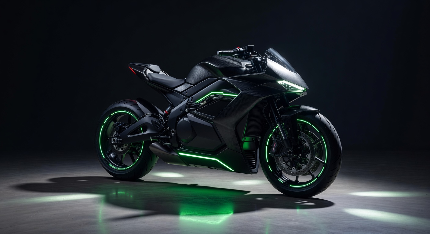 StormBlade EV modern electric motorcycle studio photo dark background neon green