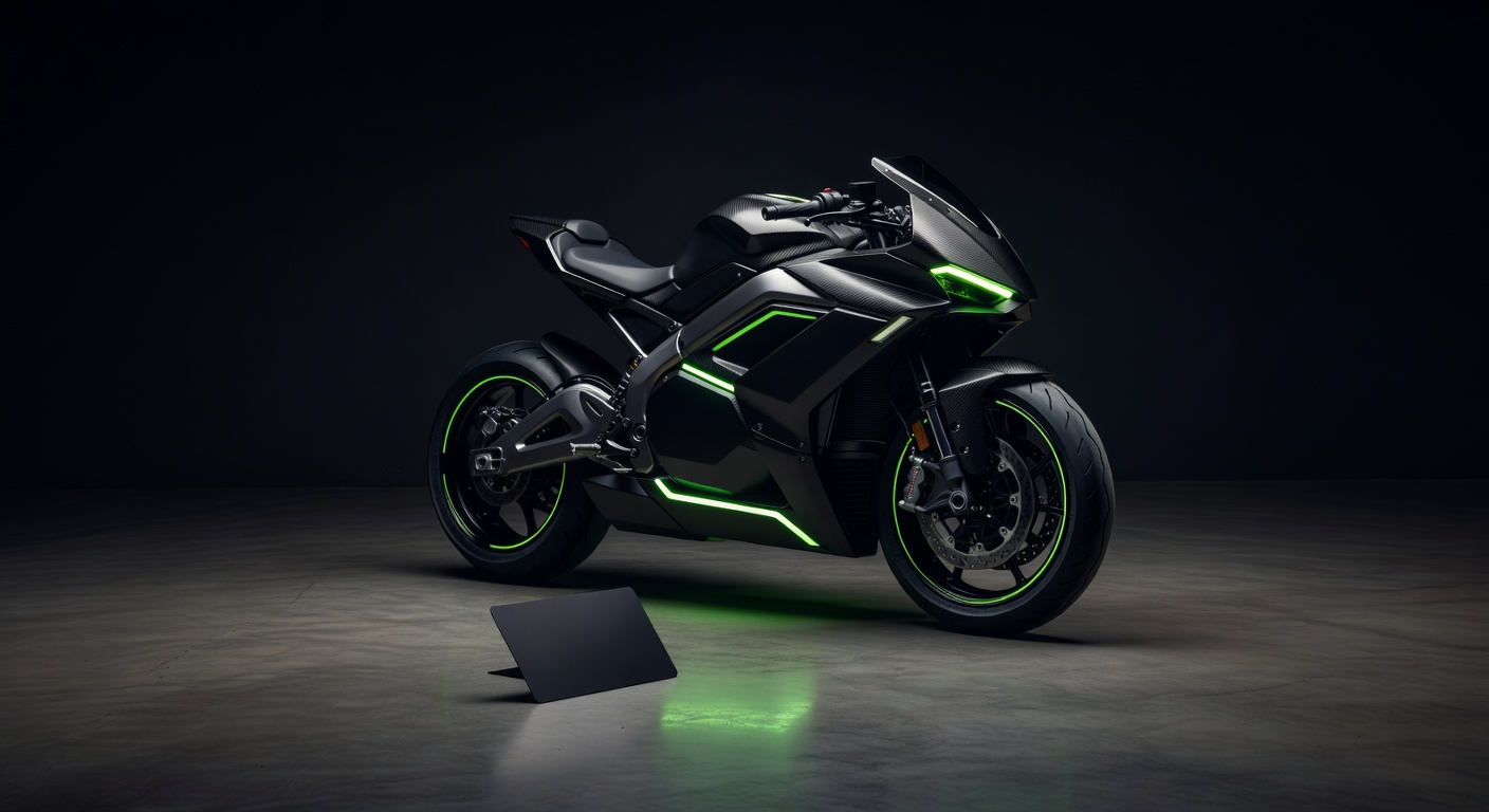 ThunderVolt XR modern electric motorcycle studio photo dark background neon green