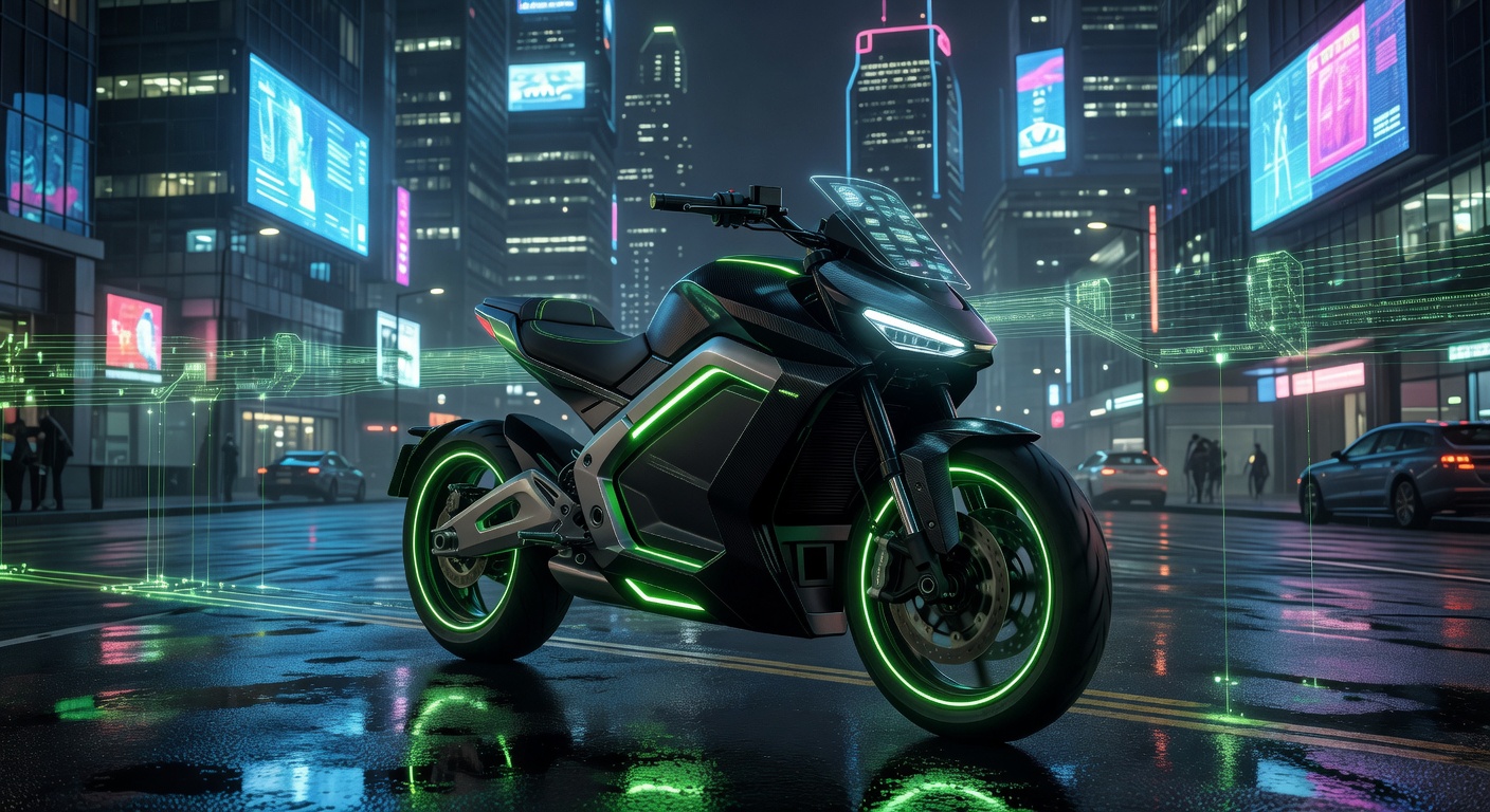 UrbanFlash Smart EV futuristic electric motorcycle concept neon green cyberpunk style