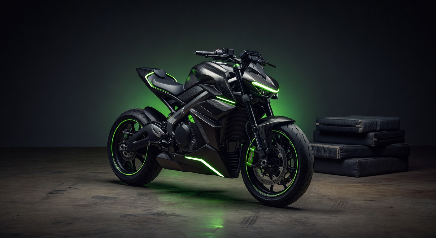 VoltRider X modern electric motorcycle studio photo dark background neon green