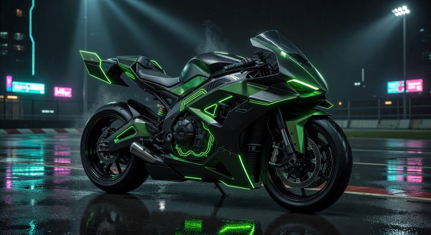 VoltStorm HyperBike futuristic electric motorcycle concept neon green cyberpunk style